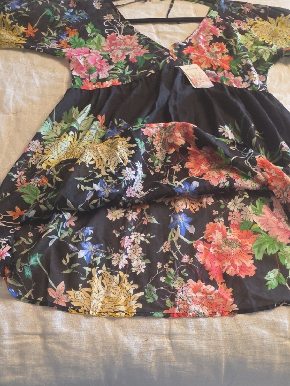 Johnny Was Metalli Note A-Line Black Swing Mini Dress with Multicolor Blooms XS - Picture 12 of 15